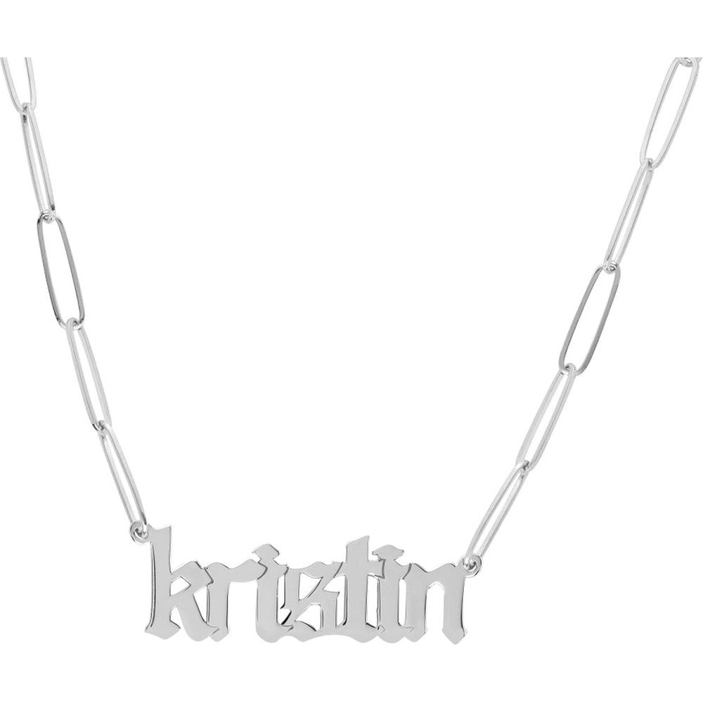 Olas d'Oro - 14K White Gold Gothic Nameplate Paper Clip Necklace  4.30g Weight