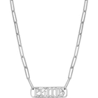 Olas d'Oro - 14K White Gold Gothic Nameplate Paper Clip Necklace with Bezel Set Diamond - 0.02 Carat Total Diamond Weight