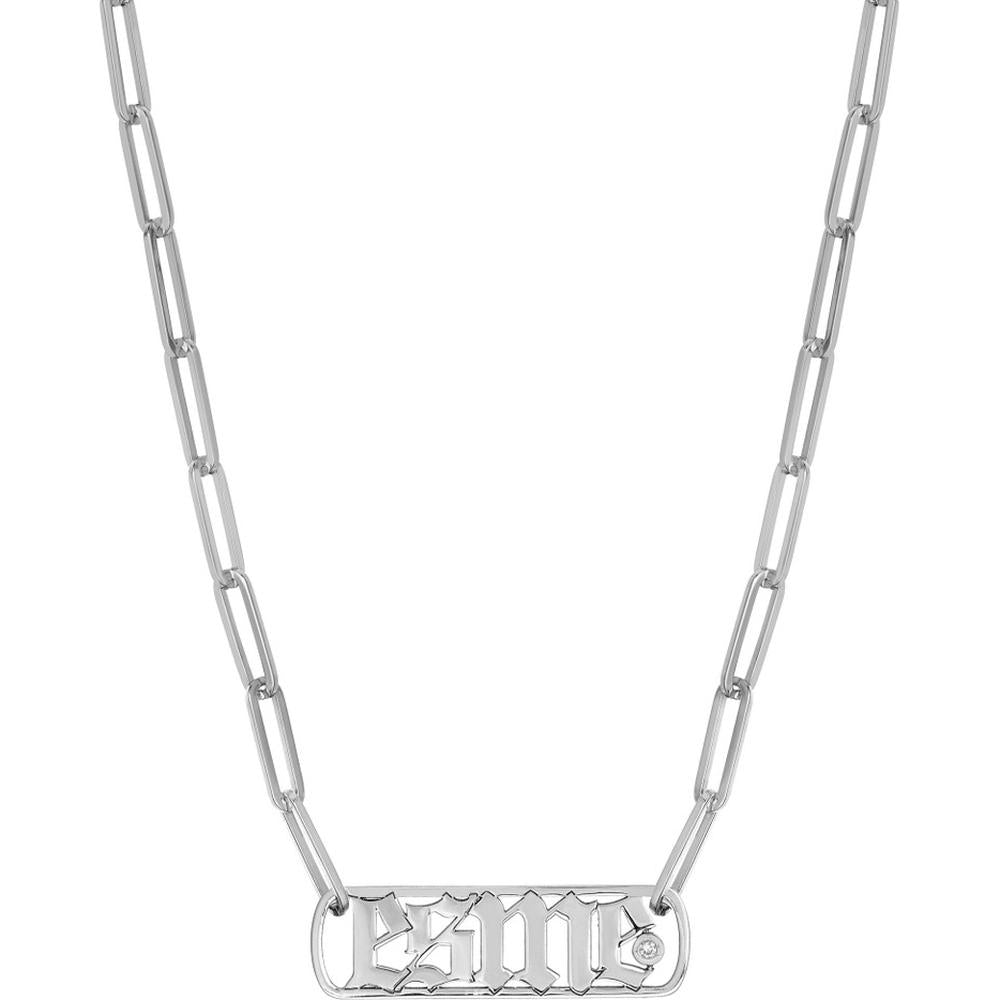 Olas d'Oro - 14K White Gold Gothic Nameplate Paper Clip Necklace with Bezel Set Diamond - 0.02 Carat Total Diamond Weight
