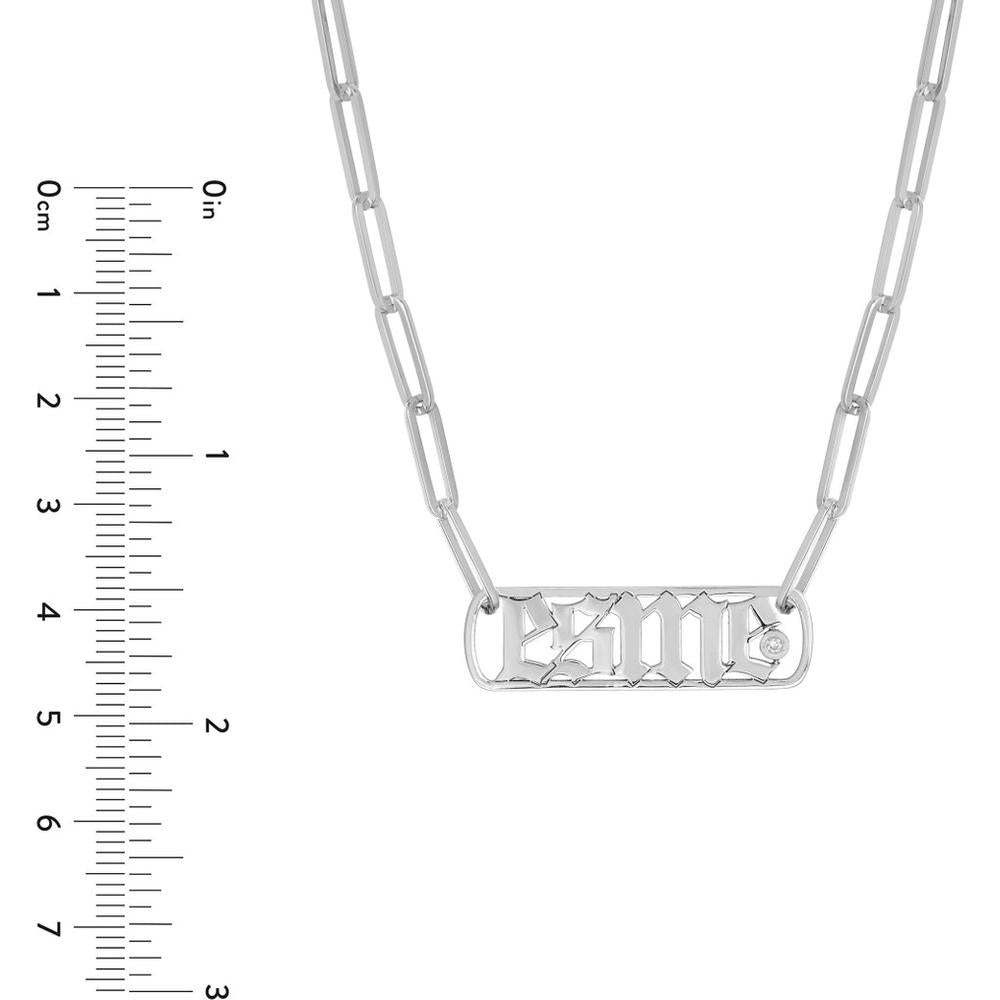 Olas d'Oro - 14K White Gold Gothic Nameplate Paper Clip Necklace with Bezel Set Diamond - 0.02 Carat Total Diamond Weight