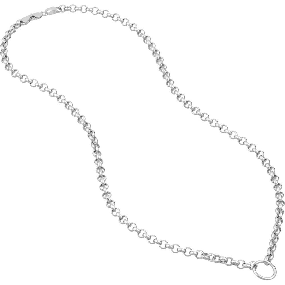 Olas d'Oro - 14K White Gold Hollow Rolo Chain Necklace with Charm-Ready Open Ring - 6.50 Grams