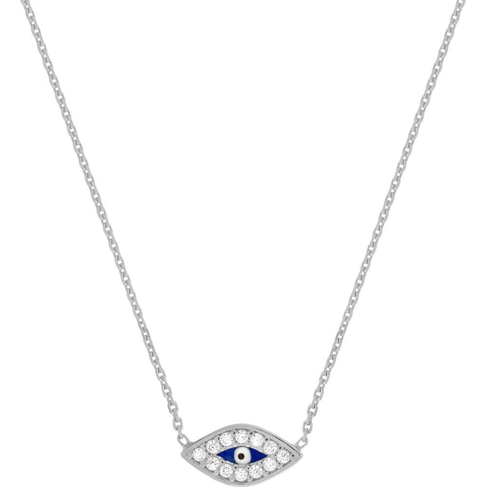 Olas d'Oro - 14K White Gold Mini CZ Evil Eye Adjustable Necklace with Blue Center Stone