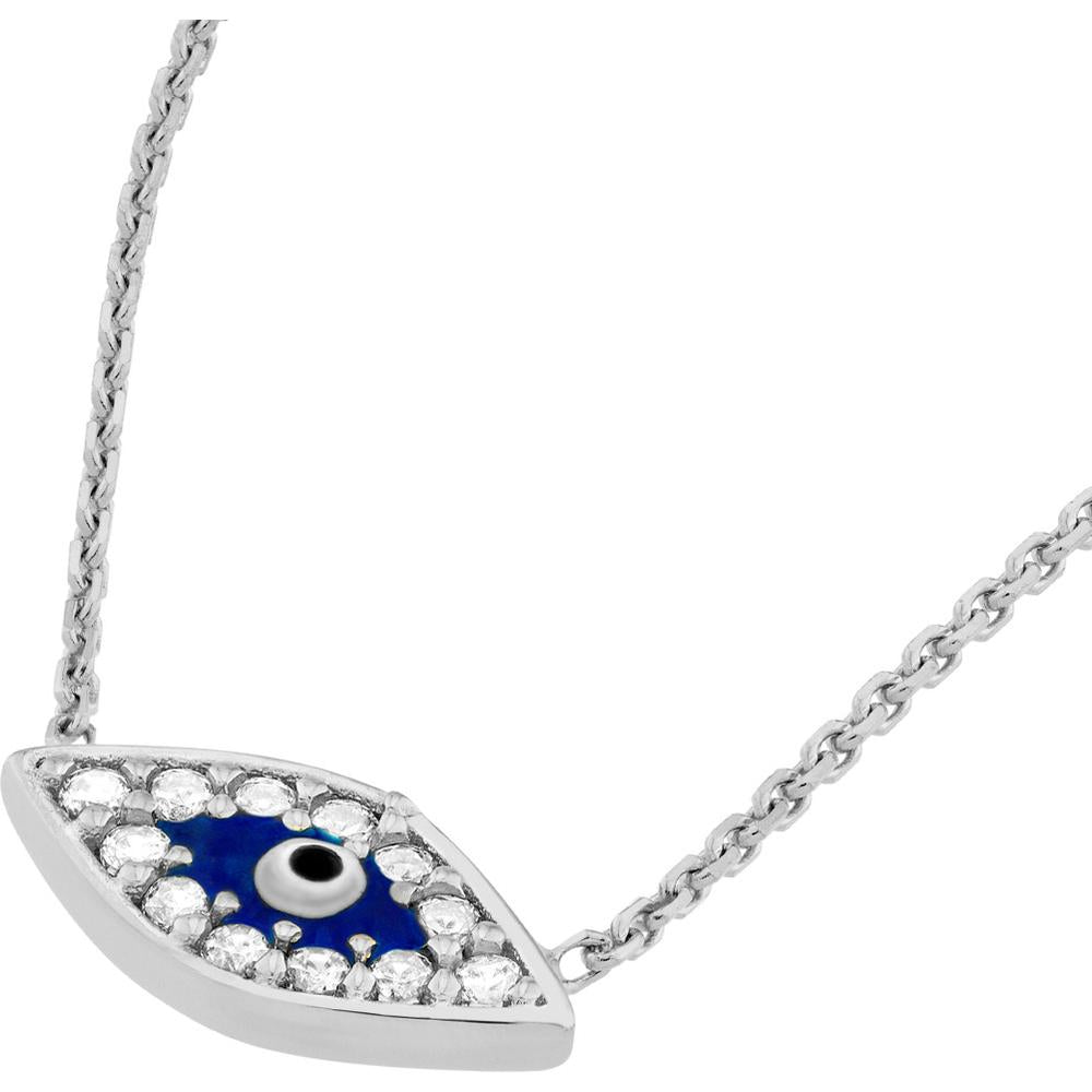 Olas d'Oro - 14K White Gold Mini CZ Evil Eye Adjustable Necklace with Blue Center Stone