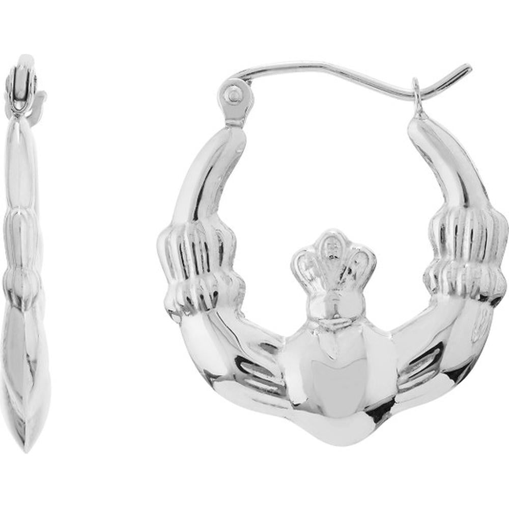 Olas d'Oro - 14K White Gold Polished Claddagh Hoop Earrings