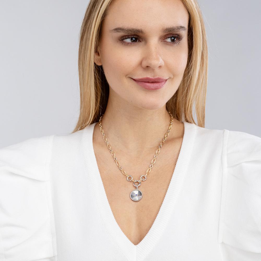 Olas d'Oro - 14K White Gold Round Sapphire Radiant Pendant - 0.05 Carat Total Sapphire Weight