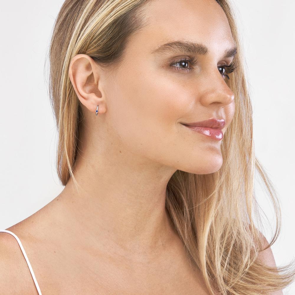 Olas d'Oro - 14K White Gold Sapphire Bezel Mini Hoop Earrings - 0.10 Carat Total Sapphire Weight