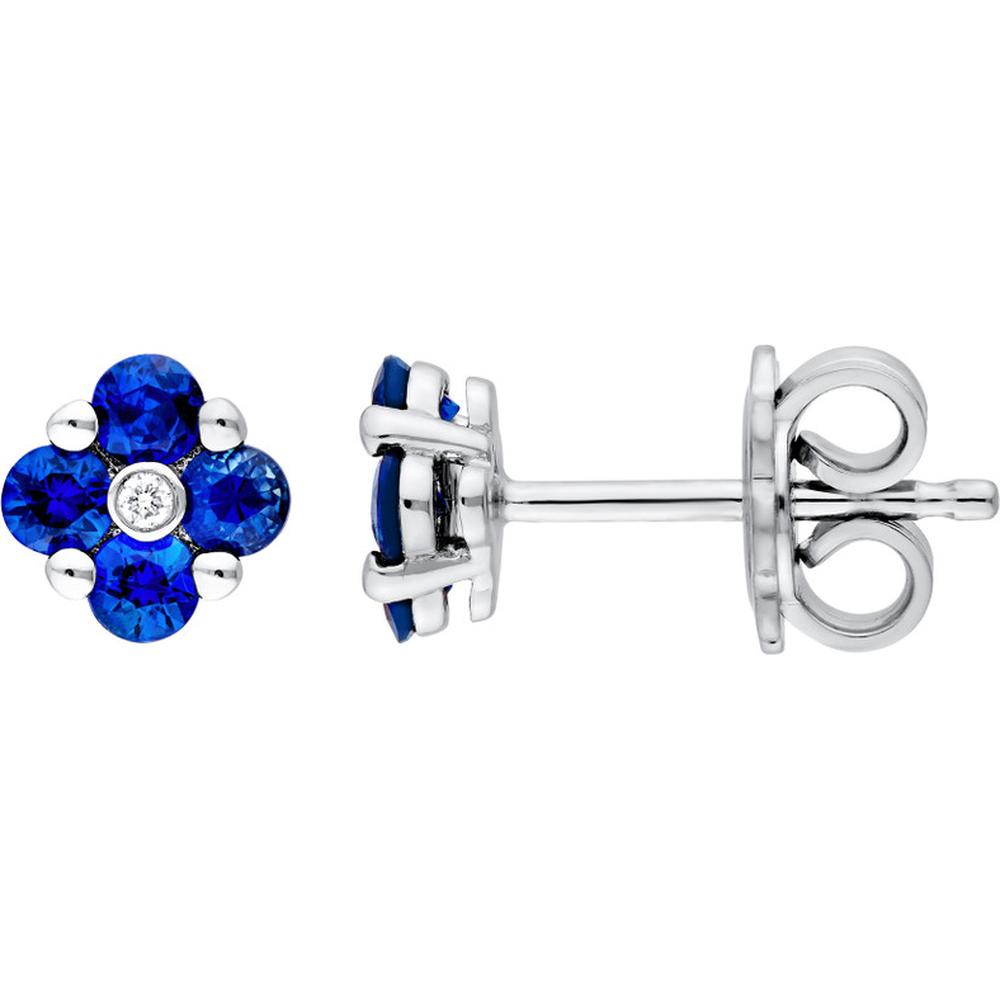 Olas d'Oro - 14K White Gold Sapphire Flower Stud Earrings with Diamond Accent - 0.64 Carat Total Sapphire Weight