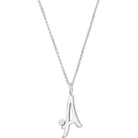 Olas d'Oro - 14K White Gold Script "A" Initial Necklace with Diamond Bezel - 0.02 Carat Diamond Weight