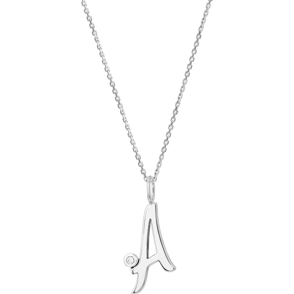 Olas d'Oro - 14K White Gold Script "A" Initial Necklace with Diamond Bezel - 0.02 Carat Diamond Weight