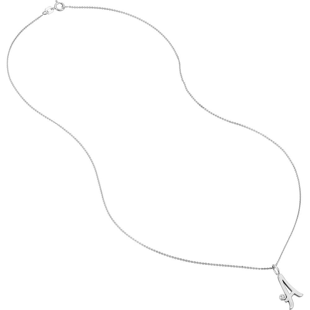Olas d'Oro - 14K White Gold Script "A" Initial Necklace with Diamond Bezel - 0.02 Carat Diamond Weight