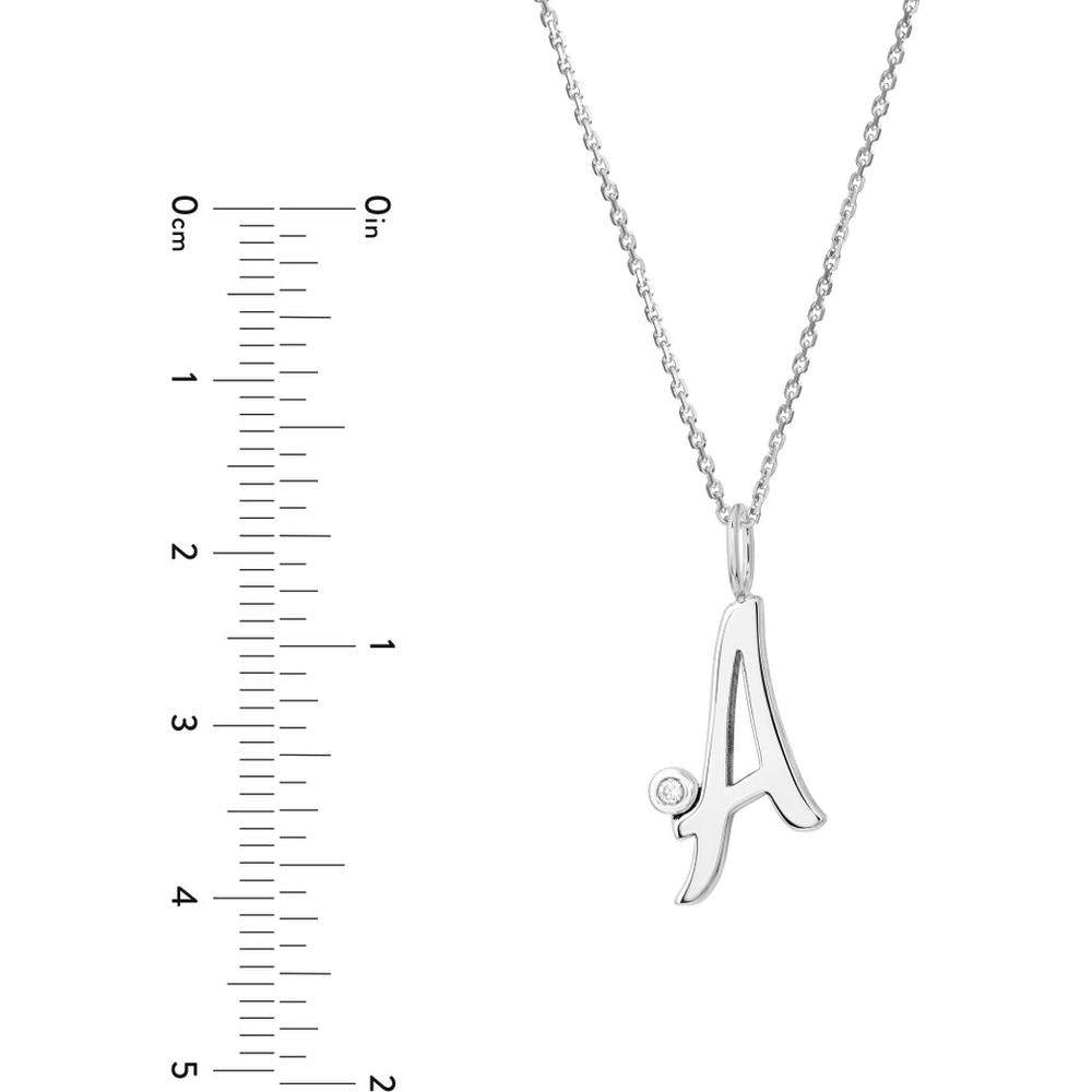 Olas d'Oro - 14K White Gold Script "A" Initial Necklace with Diamond Bezel - 0.02 Carat Diamond Weight