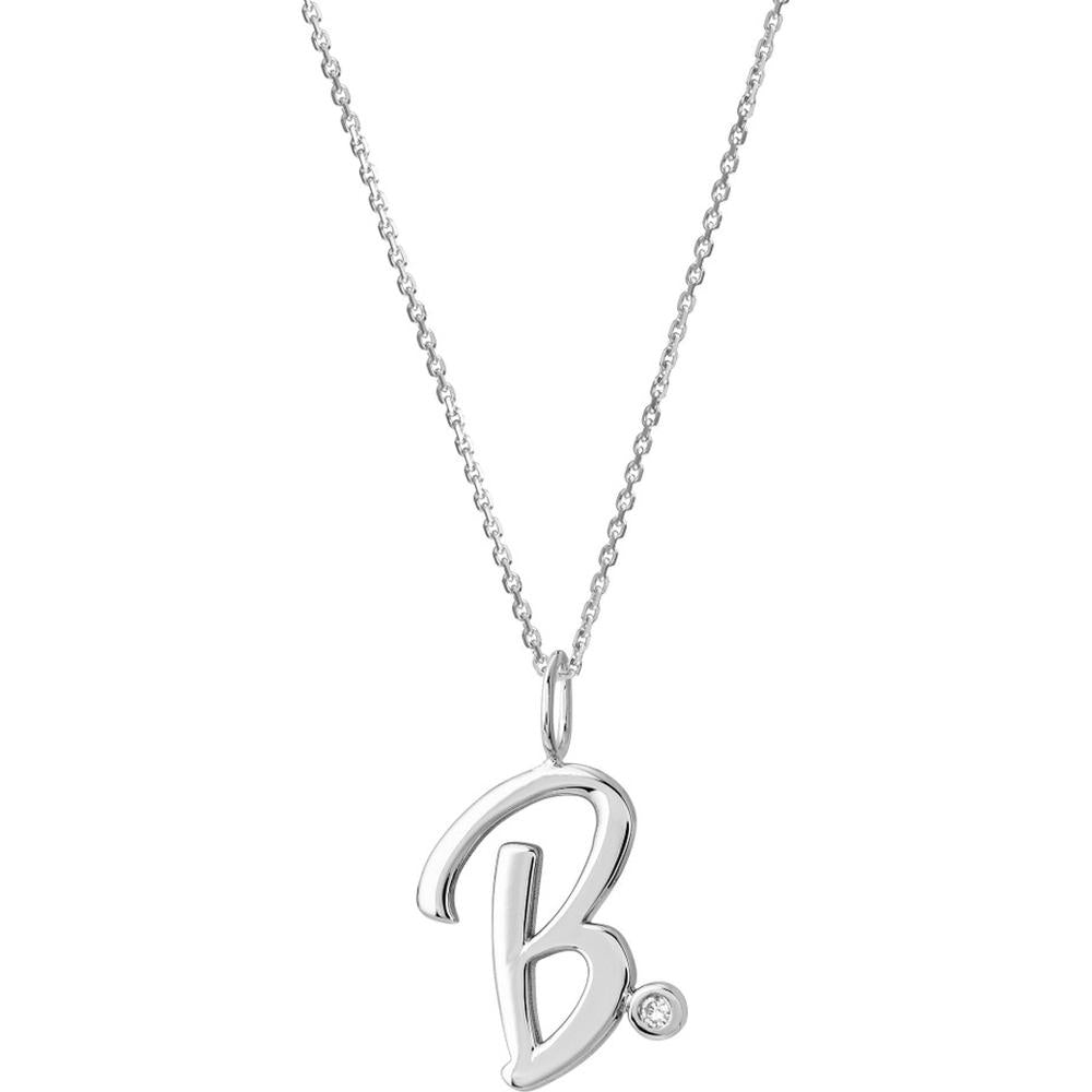 Olas d'Oro - 14K White Gold Script "B" Initial Necklace with Diamond Bezel - 1.7mm Diamond