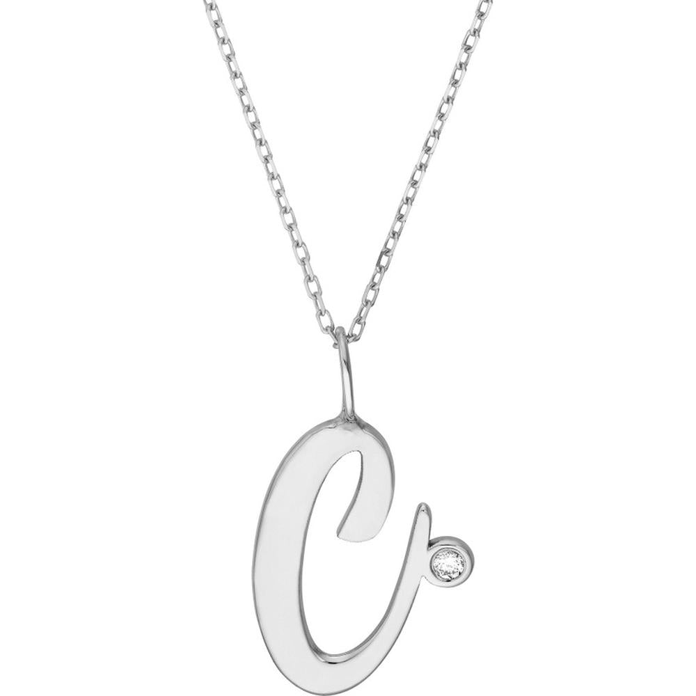 Olas d'Oro - 14K White Gold Script "C" Initial Necklace with Diamond Bezel - 0.02 Carat Total Diamond Weight
