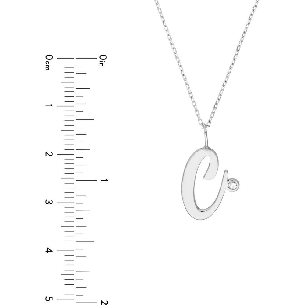 Olas d'Oro - 14K White Gold Script "C" Initial Necklace with Diamond Bezel - 0.02 Carat Total Diamond Weight