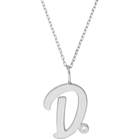 Olas d'Oro - 14K White Gold Script D Initial Necklace with Diamond Bezel - 0.02 Carat Diamond