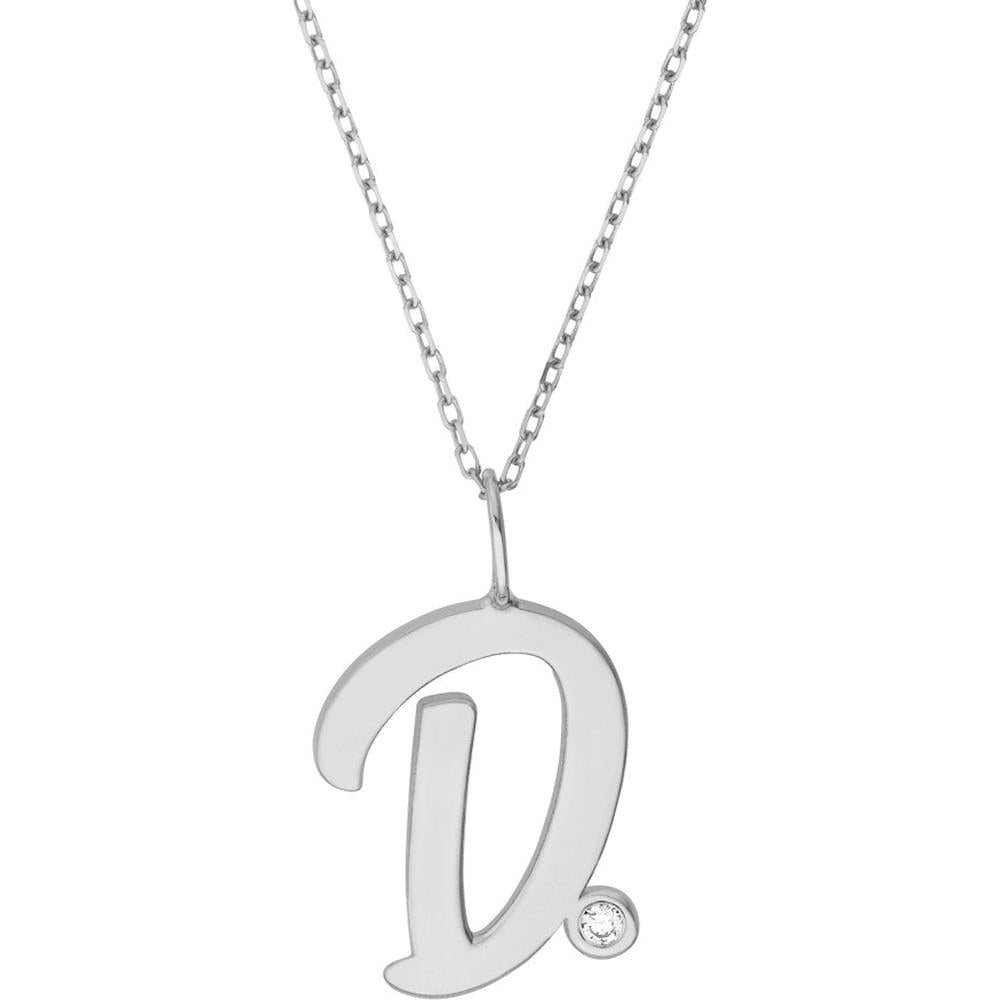 Olas d'Oro - 14K White Gold Script D Initial Necklace with Diamond Bezel - 0.02 Carat Diamond