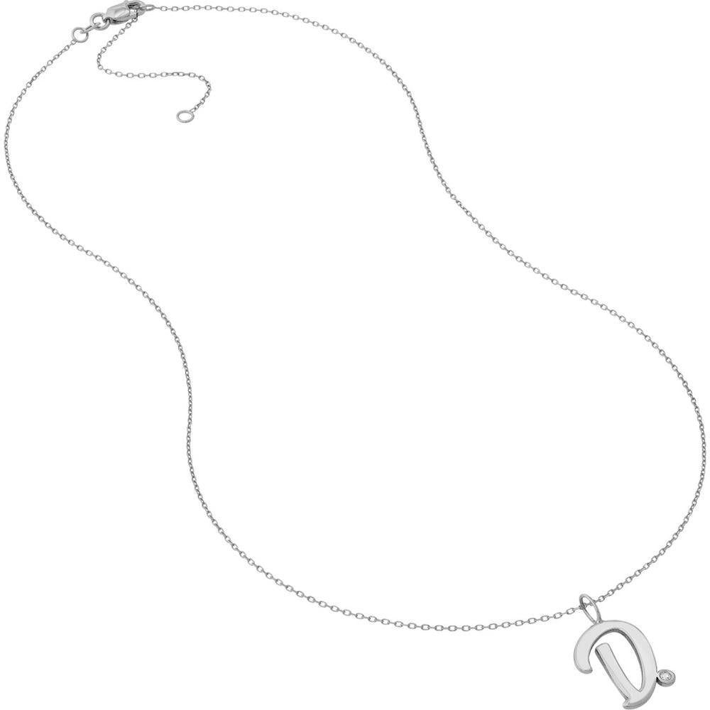 Olas d'Oro - 14K White Gold Script D Initial Necklace with Diamond Bezel - 0.02 Carat Diamond