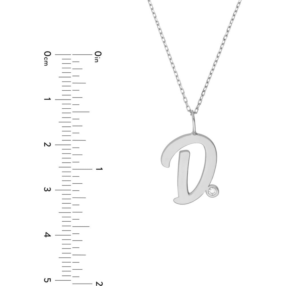 Olas d'Oro - 14K White Gold Script D Initial Necklace with Diamond Bezel - 0.02 Carat Diamond