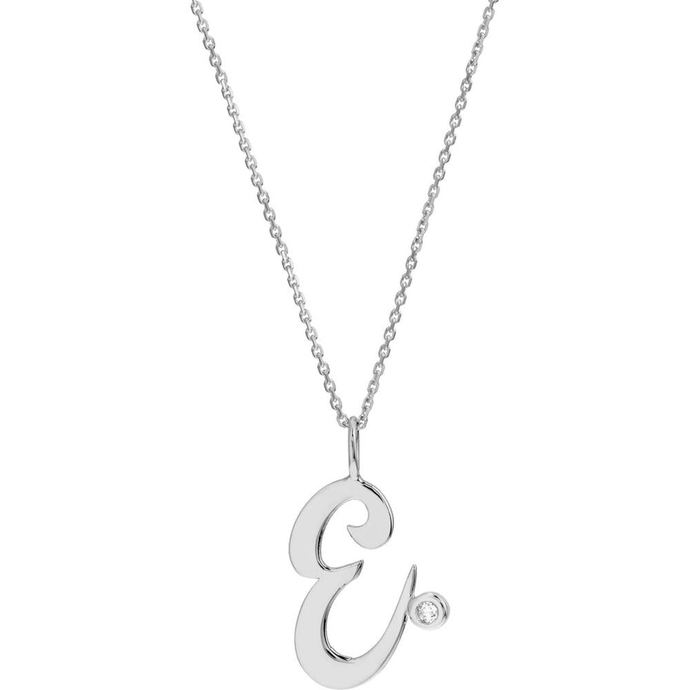 Olas d'Oro - 14K White Gold Script "E" Initial Necklace with Diamond Bezel - 0.02 Carat Total Diamond Weight