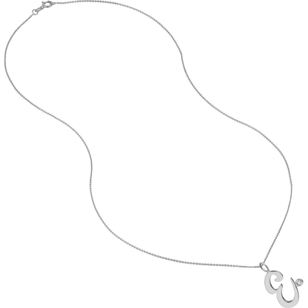 Olas d'Oro - 14K White Gold Script "E" Initial Necklace with Diamond Bezel - 0.02 Carat Total Diamond Weight
