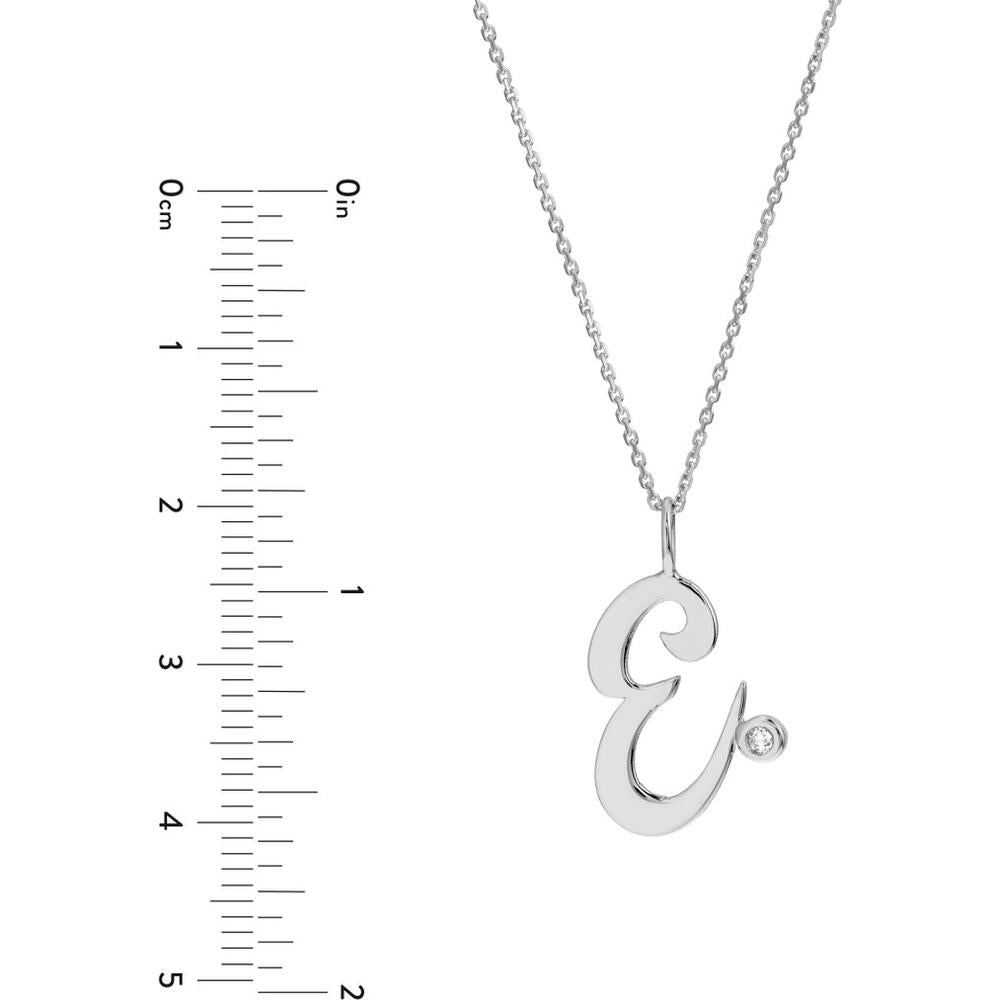 Olas d'Oro - 14K White Gold Script "E" Initial Necklace with Diamond Bezel - 0.02 Carat Total Diamond Weight