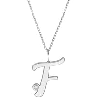 Olas d'Oro - 14K White Gold Script "F" Initial Pendant Necklace with Diamond Bezel - 0.02 Carat Total Diamond Weight