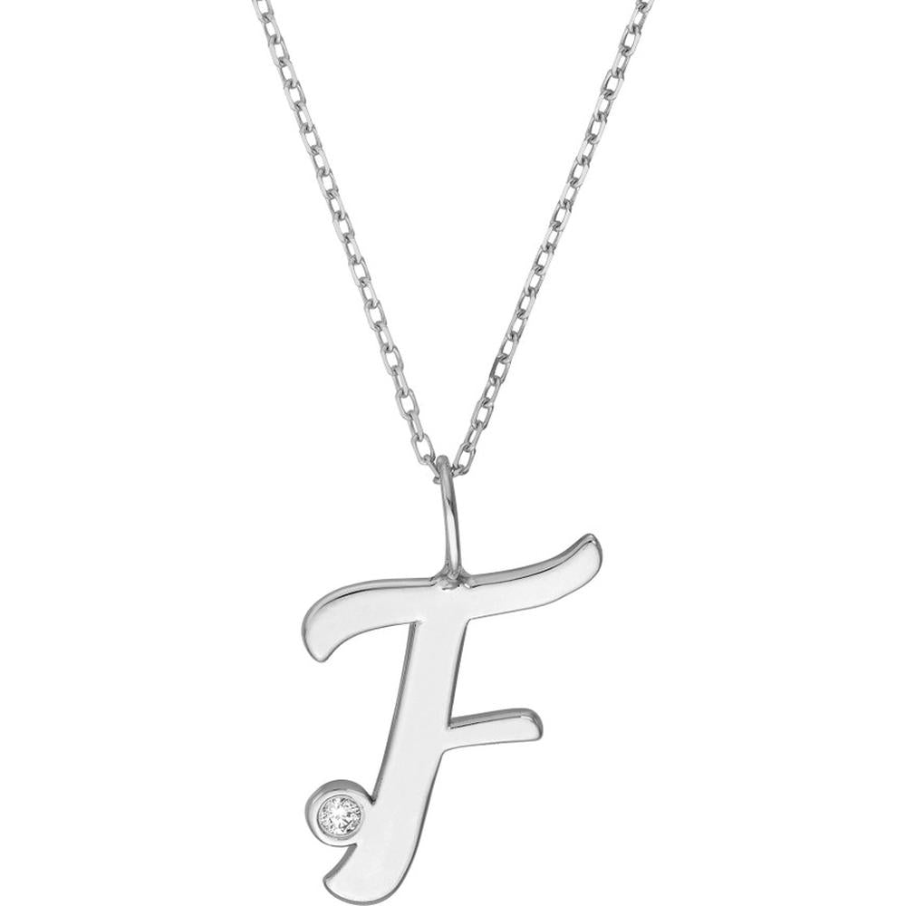 Olas d'Oro - 14K White Gold Script "F" Initial Pendant Necklace with Diamond Bezel - 0.02 Carat Total Diamond Weight