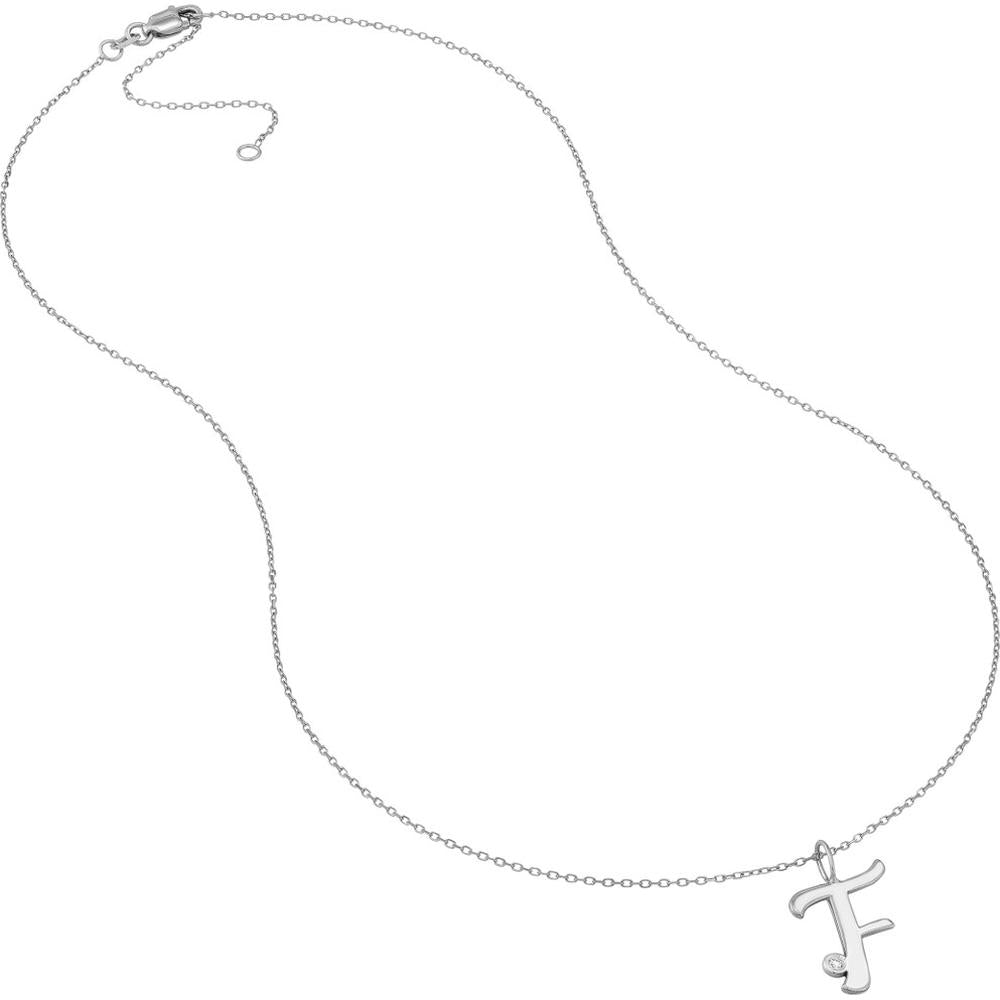 Olas d'Oro - 14K White Gold Script "F" Initial Pendant Necklace with Diamond Bezel - 0.02 Carat Total Diamond Weight