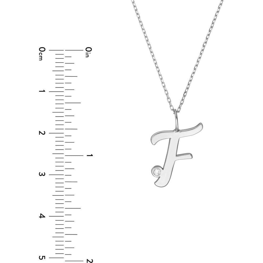 Olas d'Oro - 14K White Gold Script "F" Initial Pendant Necklace with Diamond Bezel - 0.02 Carat Total Diamond Weight