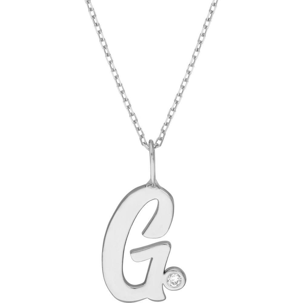 Olas d'Oro - 14K White Gold Script 'G' Diamond Bezel Pendant Necklace - 0.02 Carat Diamond