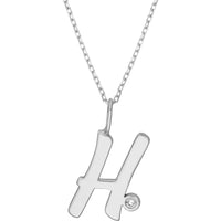 Olas d'Oro - 14K White Gold Script 'H' Initial Necklace with Diamond Bezel - 0.02 Carat Total Diamond Weight
