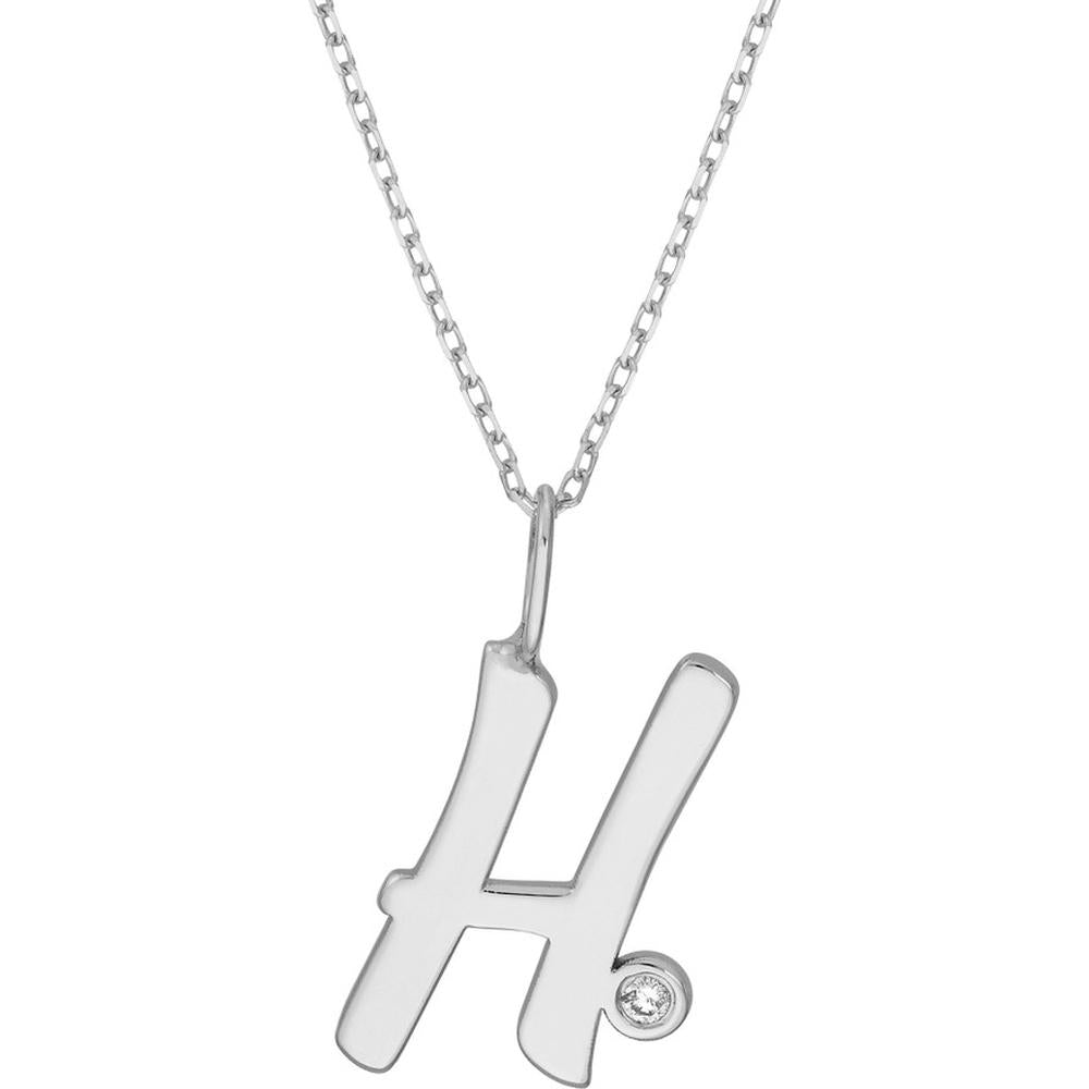 Olas d'Oro - 14K White Gold Script 'H' Initial Necklace with Diamond Bezel - 0.02 Carat Total Diamond Weight