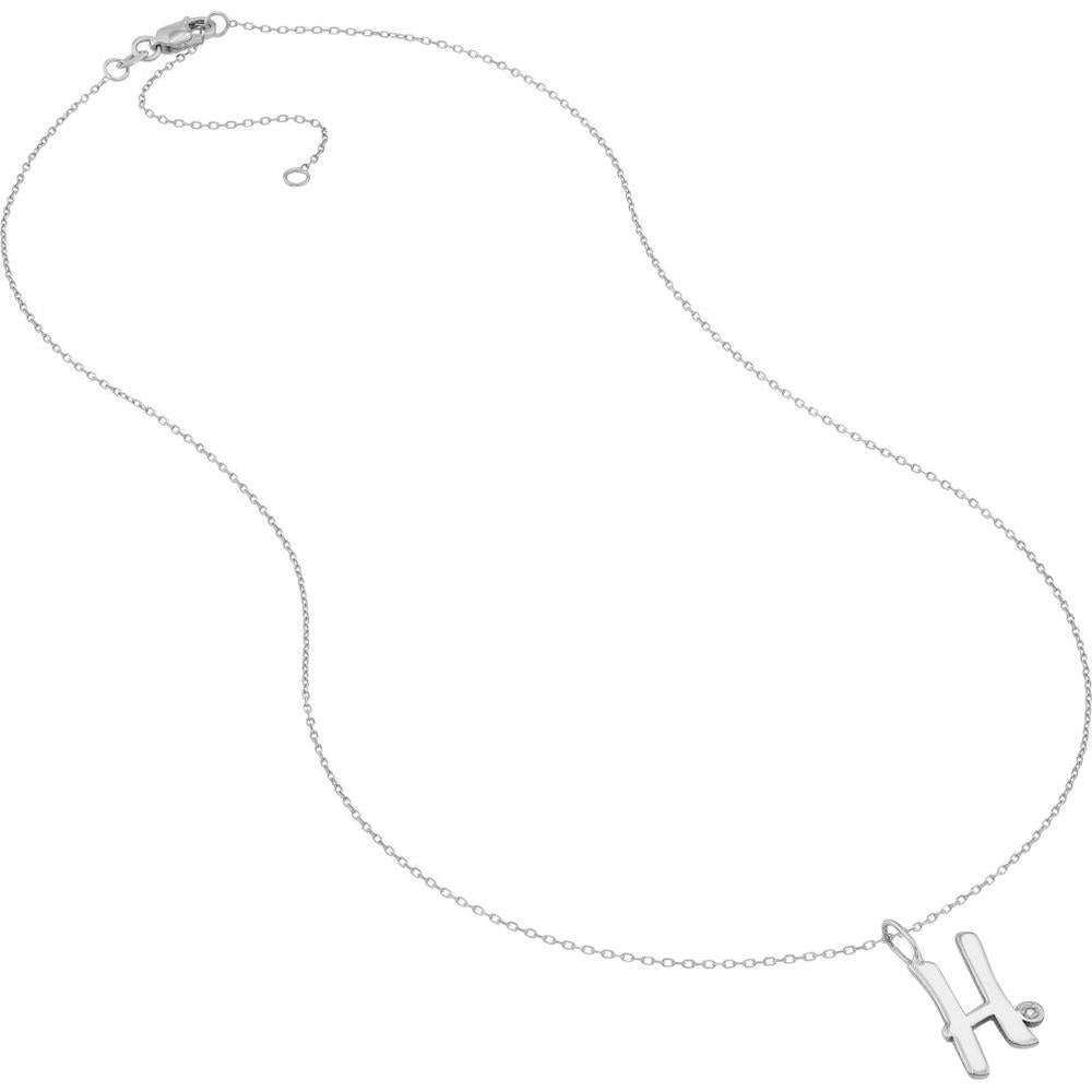 Olas d'Oro - 14K White Gold Script 'H' Initial Necklace with Diamond Bezel - 0.02 Carat Total Diamond Weight