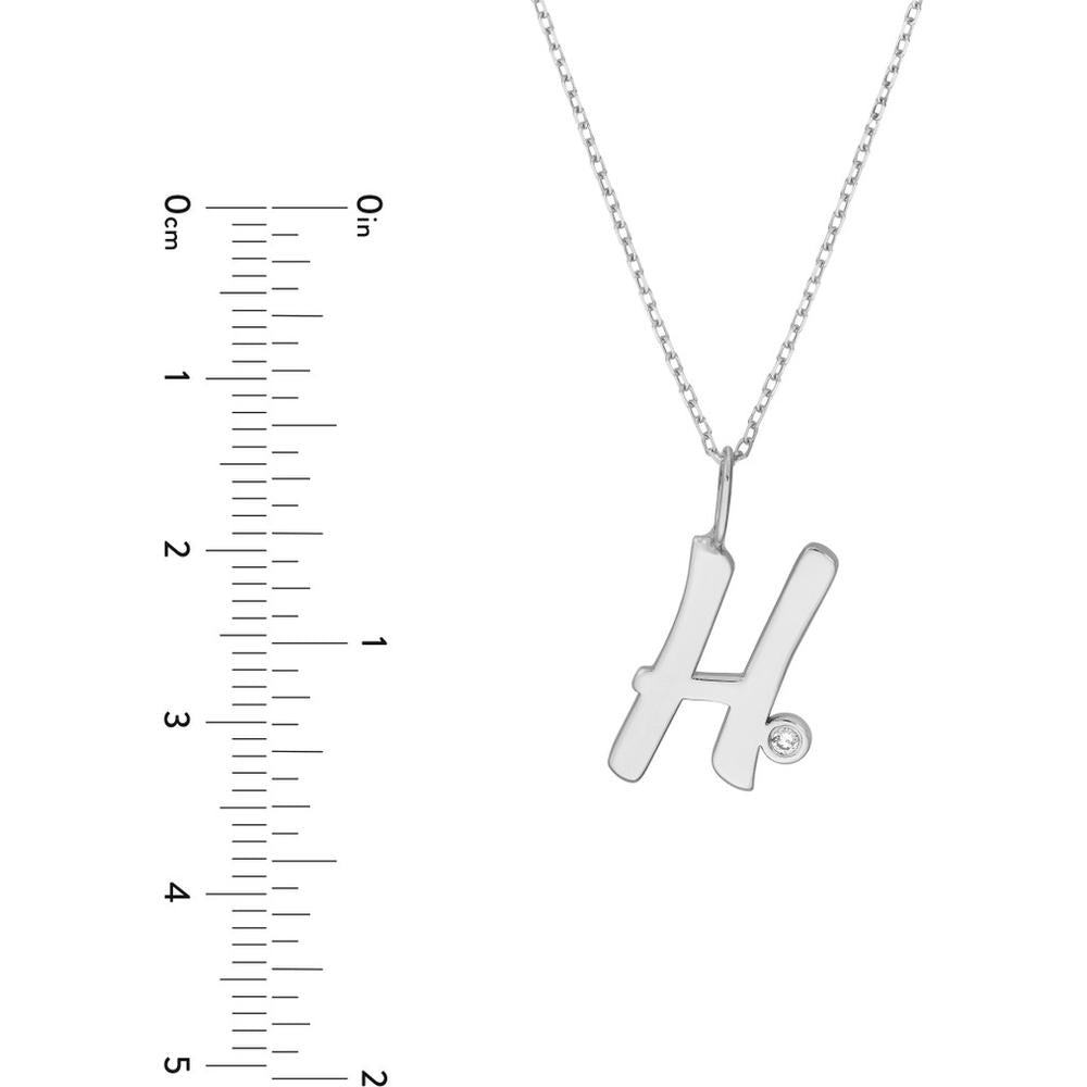 Olas d'Oro - 14K White Gold Script 'H' Initial Necklace with Diamond Bezel - 0.02 Carat Total Diamond Weight
