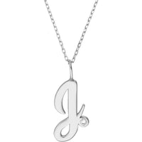 Olas d'Oro - 14K White Gold Script 'J' Necklace with Bezel-Set Diamond - 0.02 Carat Total Diamond Weight