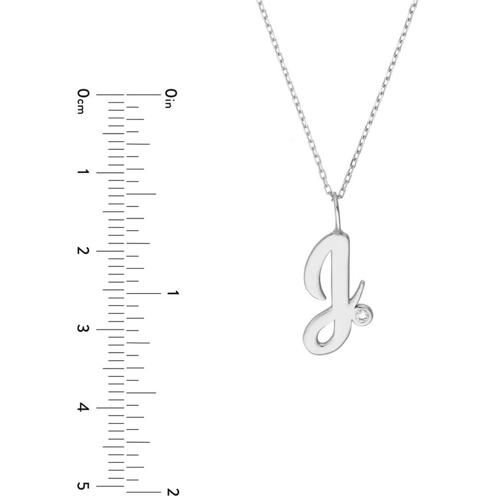 Olas d'Oro - 14K White Gold Script 'J' Necklace with Bezel-Set Diamond - 0.02 Carat Total Diamond Weight