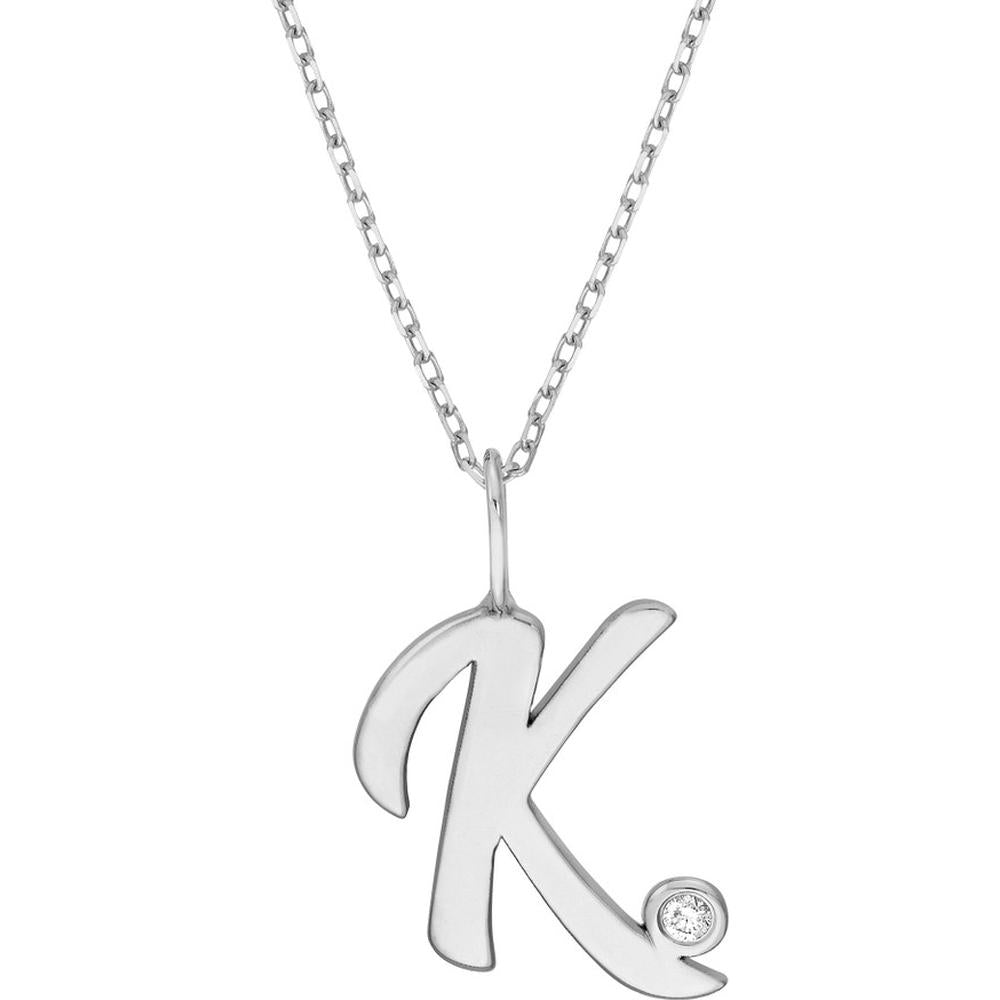 Olas d'Oro - 14K White Gold Script 'K' Diamond Bezel Necklace - 1.7mm Diamond