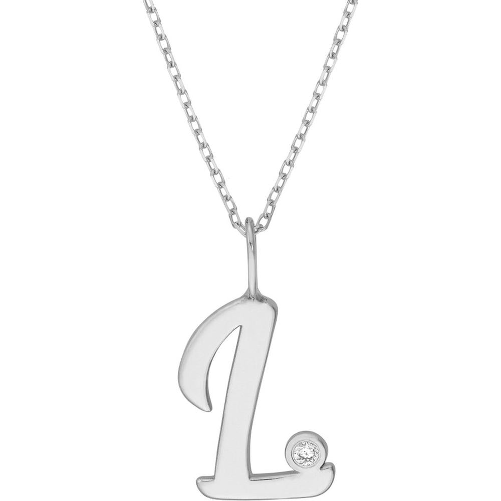 Olas d'Oro - 14K White Gold Script 'L' Diamond Bezel Pendant Necklace - 0.02 Carat Diamond