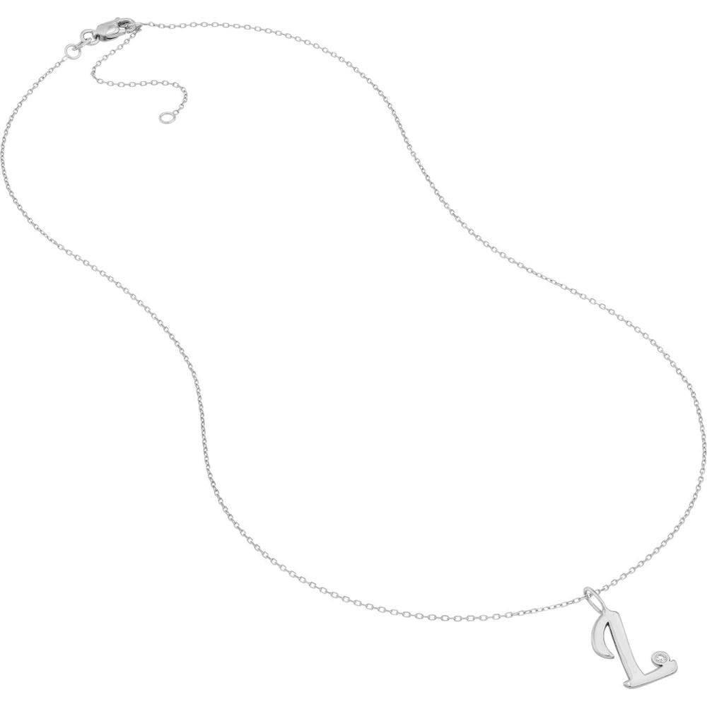 Olas d'Oro - 14K White Gold Script 'L' Diamond Bezel Pendant Necklace - 0.02 Carat Diamond