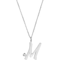 Olas d'Oro - 14K White Gold Script 'M' Pendant Necklace with Diamond Bezel - 0.02 Carat Diamond