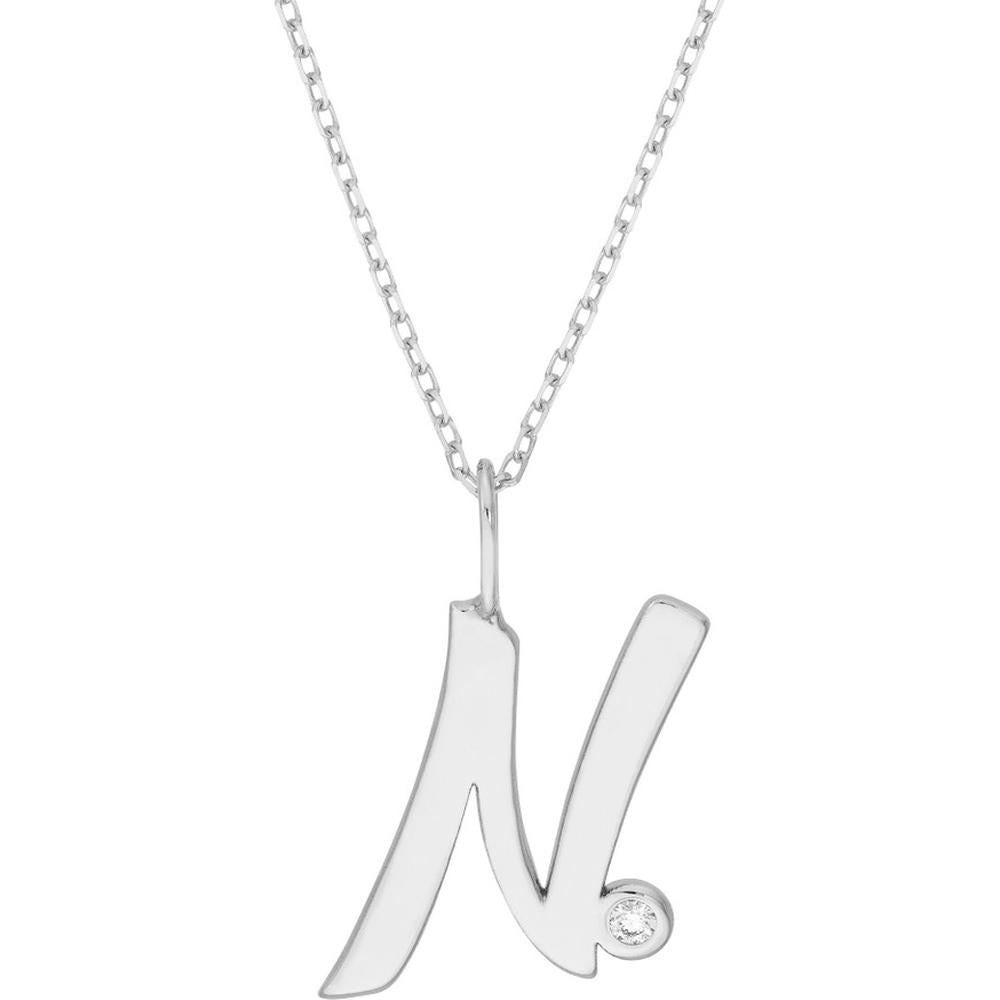 Olas d'Oro - 14K White Gold Script 'N' Pendant Necklace with Diamond Bezel - 0.02 Carat Total Diamond Weight