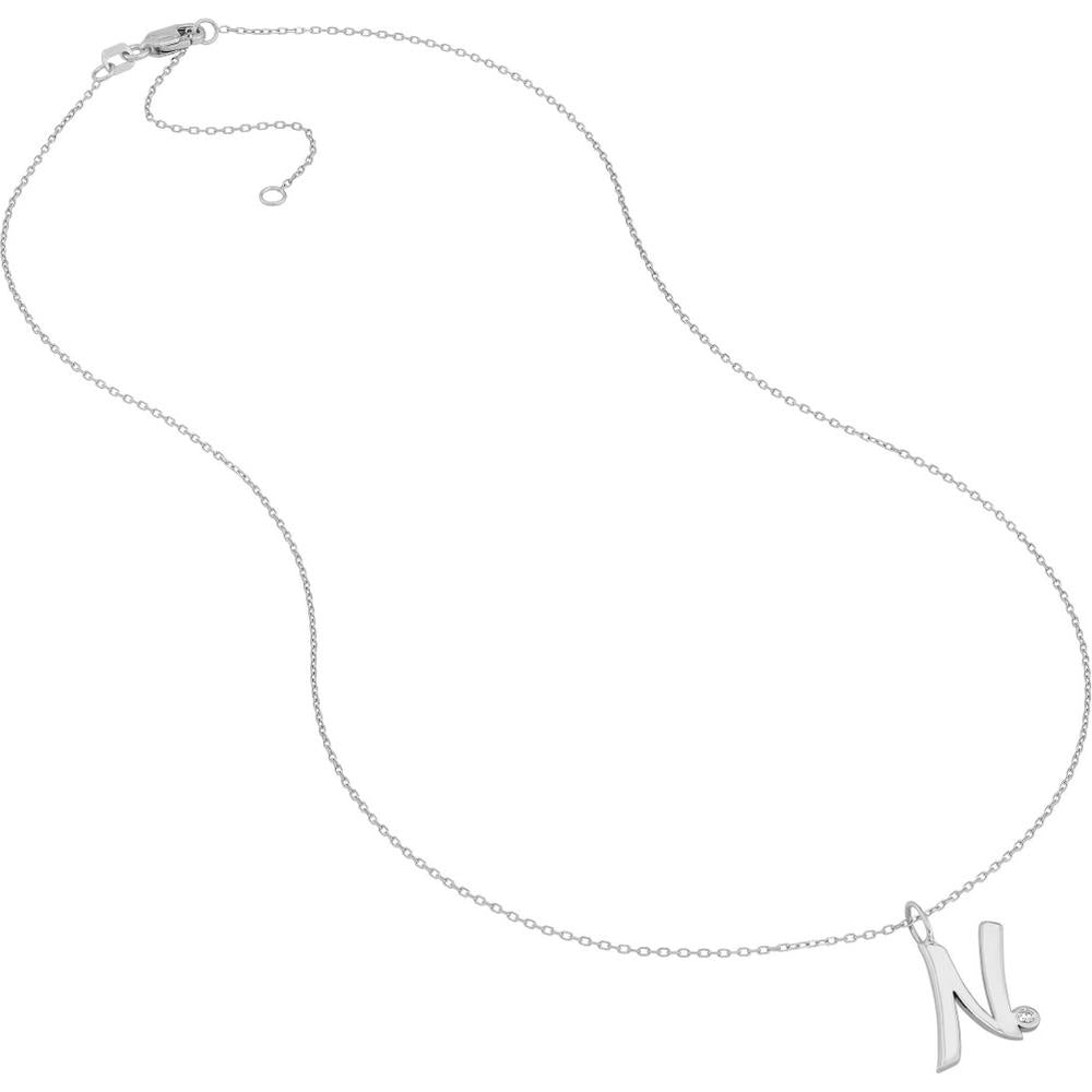 Olas d'Oro - 14K White Gold Script 'N' Pendant Necklace with Diamond Bezel - 0.02 Carat Total Diamond Weight