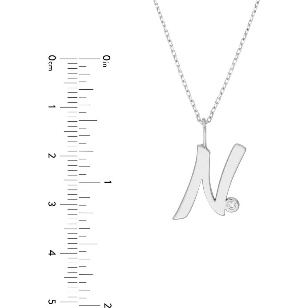 Olas d'Oro - 14K White Gold Script 'N' Pendant Necklace with Diamond Bezel - 0.02 Carat Total Diamond Weight