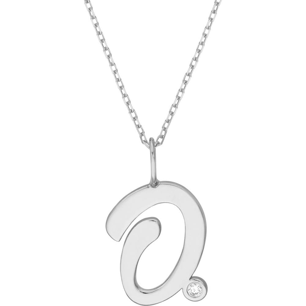 Olas d'Oro - 14K White Gold Script 'O' Diamond Bezel Pendant Necklace with Adjustable Chain 0.02 Carat Diamond