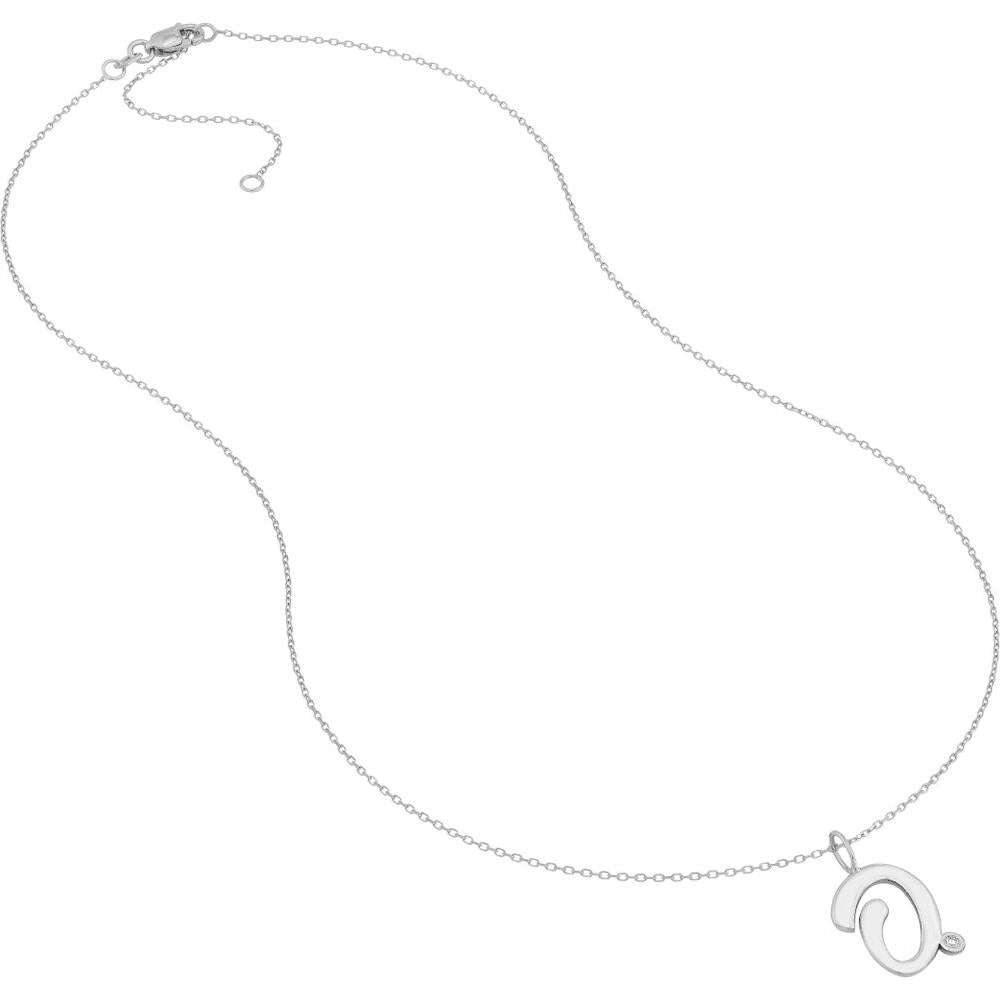Olas d'Oro - 14K White Gold Script 'O' Diamond Bezel Pendant Necklace with Adjustable Chain 0.02 Carat Diamond