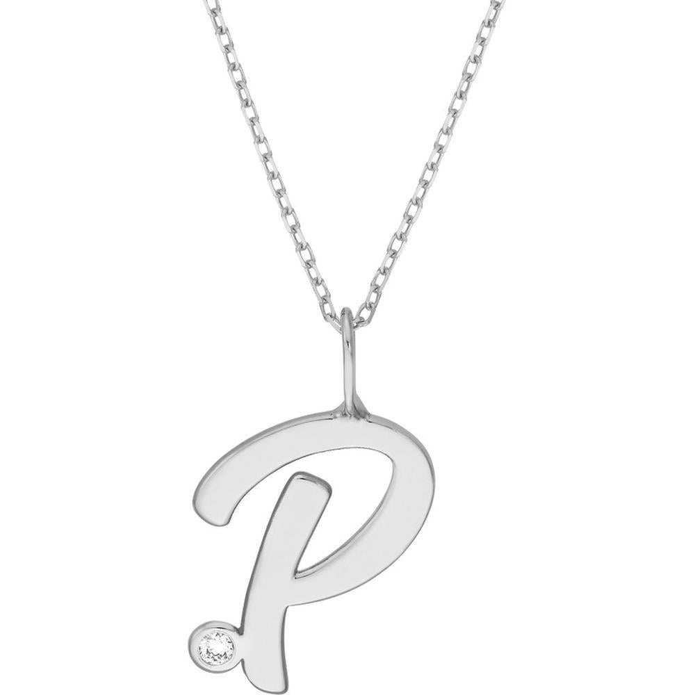 Olas d'Oro - 14K White Gold Script 'P' Diamond Bezel Pendant Necklace - 0.02 Carat Total Diamond Weight