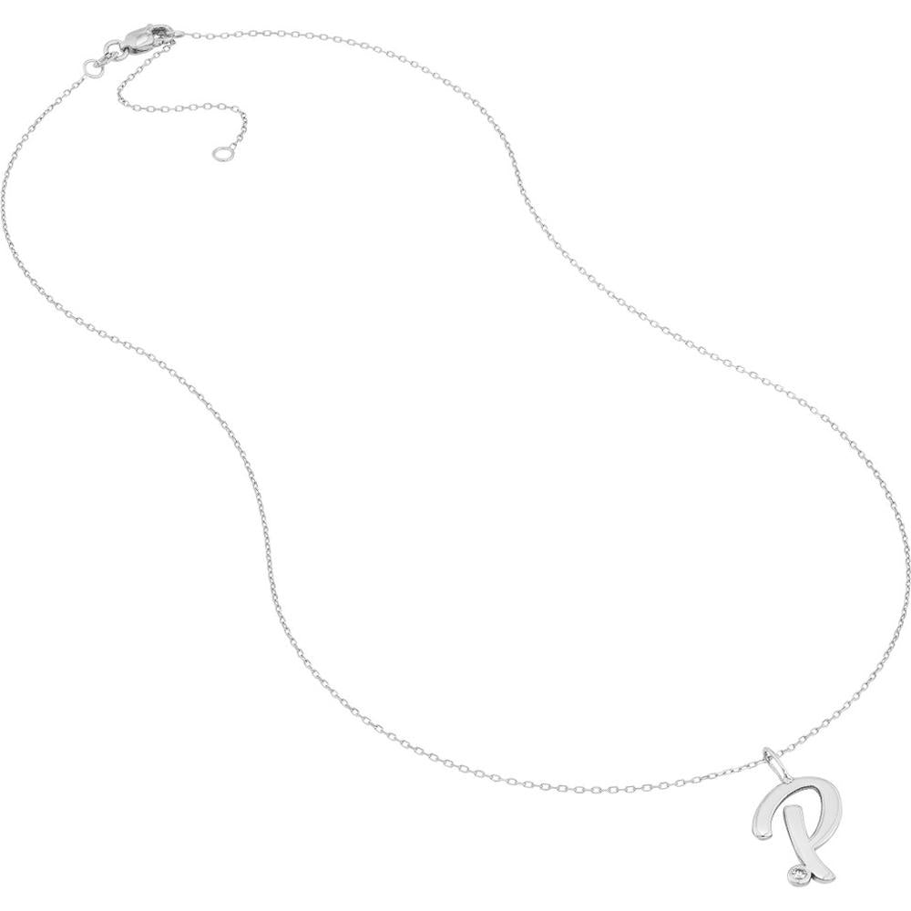Olas d'Oro - 14K White Gold Script 'P' Diamond Bezel Pendant Necklace - 0.02 Carat Total Diamond Weight