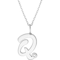 Olas d'Oro - 14K White Gold Script 'Q' Necklace with Diamond Bezel - 0.02 Carat Diamond