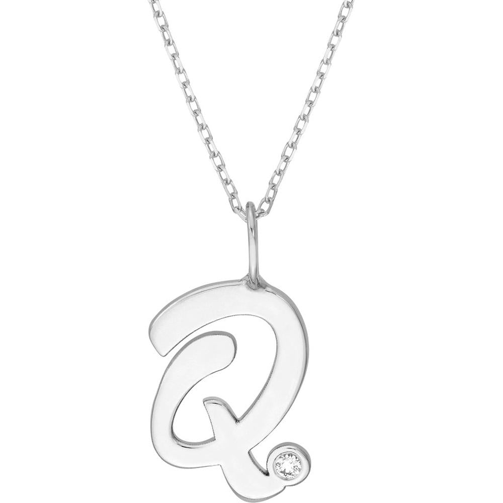 Olas d'Oro - 14K White Gold Script 'Q' Necklace with Diamond Bezel - 0.02 Carat Diamond