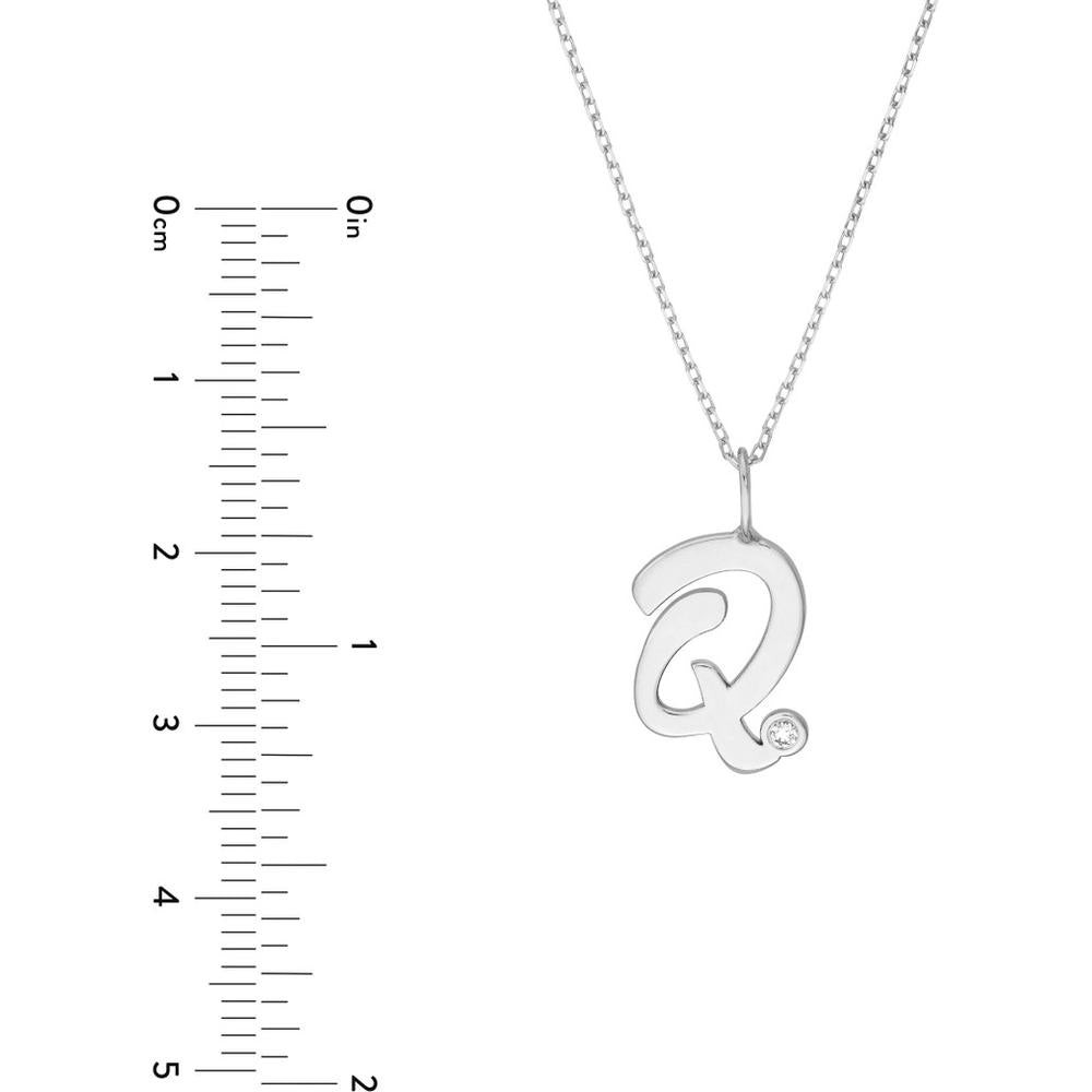 Olas d'Oro - 14K White Gold Script 'Q' Necklace with Diamond Bezel - 0.02 Carat Diamond